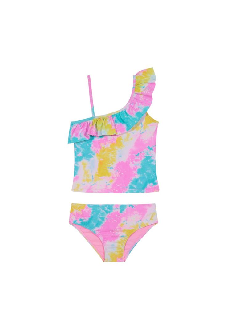 Traje de Baño Tankini UV30+ con Vuelos Un Hombro para Niña Rosado-0