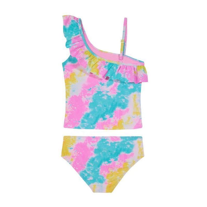 Traje de Baño Tankini UV30+ con Vuelos Un Hombro para Niña Rosado-1