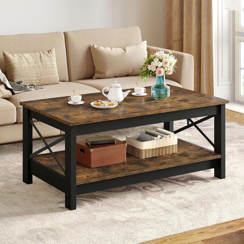 Mesa De Centro Rectangular de 2 Niveles Cafe