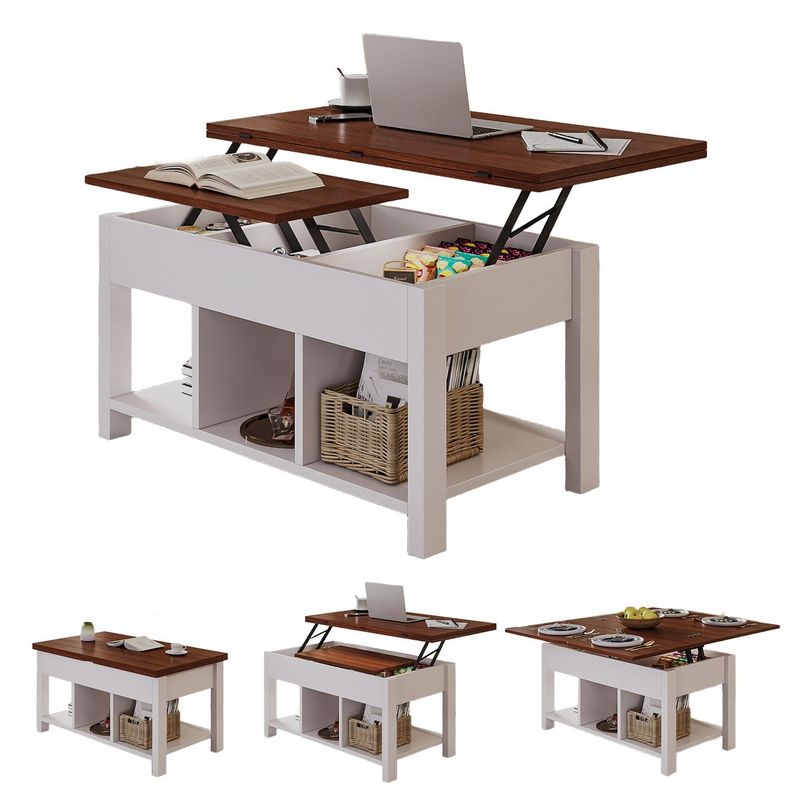 Mesa De Centro 4 in 1 con Doble Cubierta Elevable Marr n Blanco