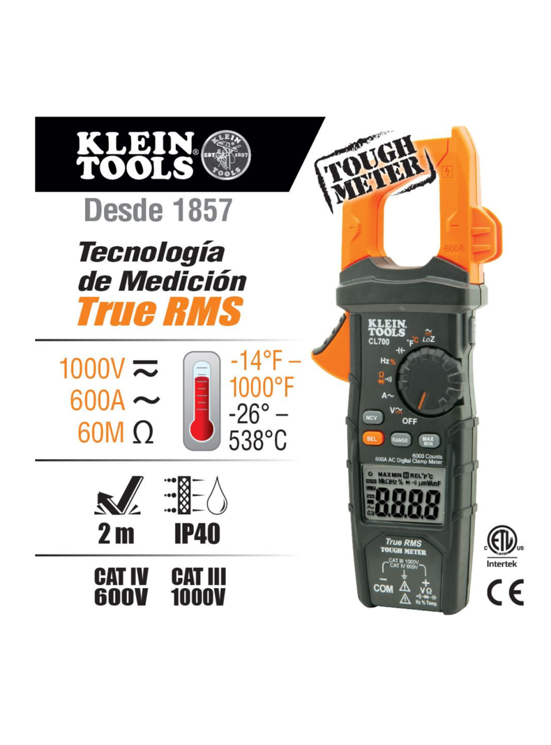 AMPERIMETRO DE TENAZA 700A AC KLEIN TOOLS CL 700-1