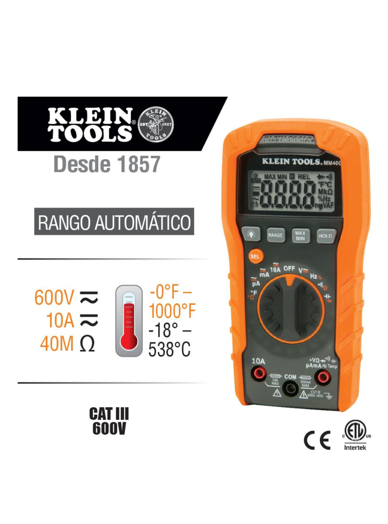 MULTIMETRO DIGITAL 600 VOLTS. KLEIN TOOLS MM400-1