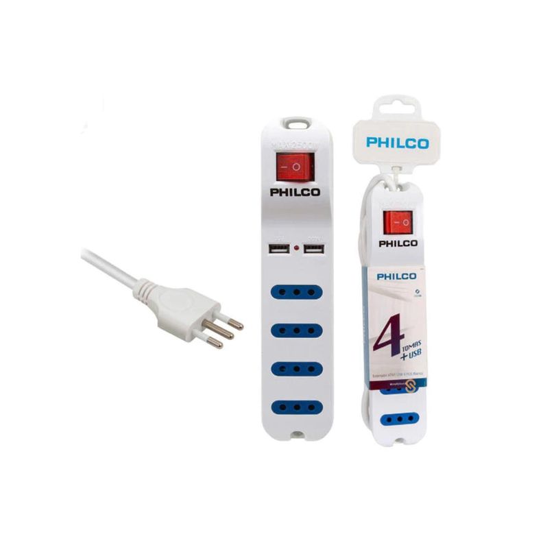 Alargador Eléctrico 4 Pos y 2Usb 2500W Blanco Philco - SC-1