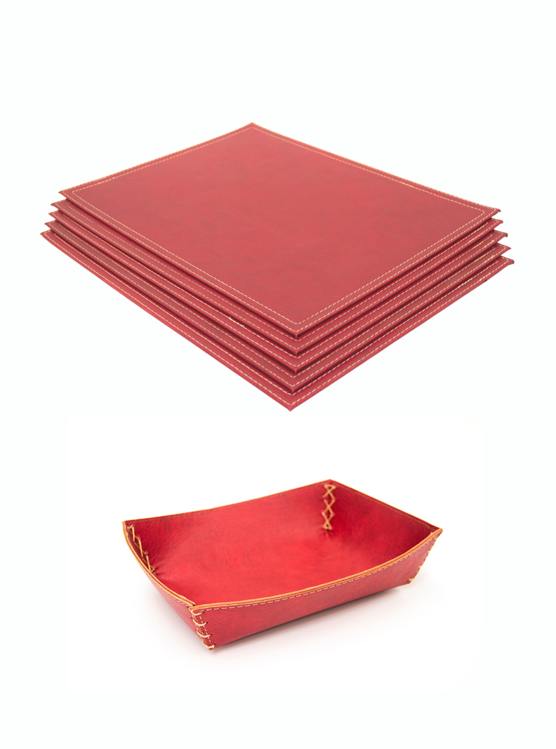 Set 4 Individuales + 1 Panera de Ecocuero rojo Rafaello Home-0