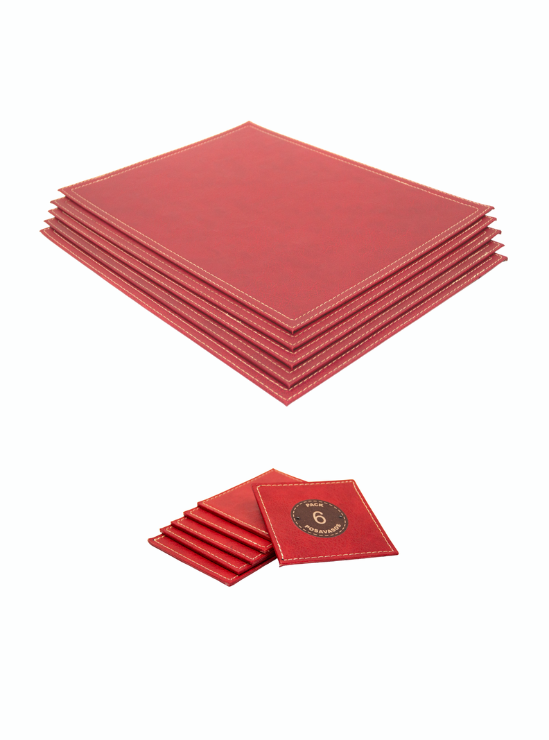 Set 6 Individuales y 6 Posa vasos de Ecocuero Rojo Rafaello Home-0