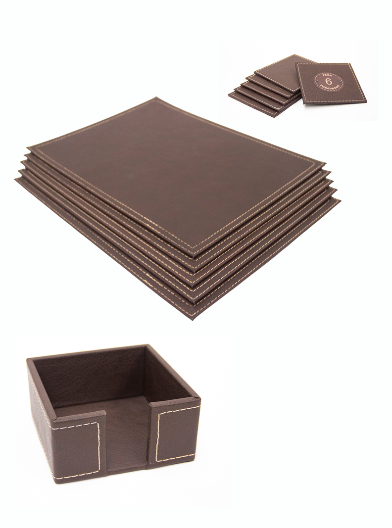Set 6 Individuales + 6 Posa Vasos + Servilletero de Ecocuero café Rafaello Home-0