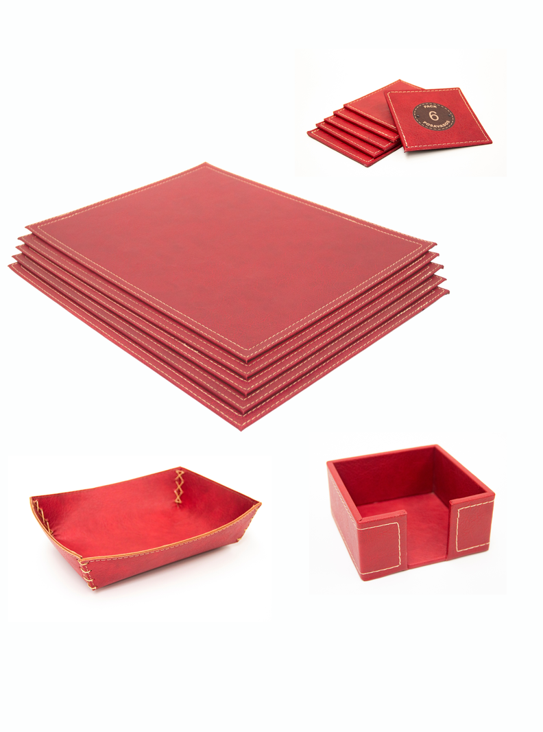 Set 6 Individuales + 6 Posa Vasos + 1 Servilletero + 1 Panera de Ecocuero Rojo Rafaello Home-0