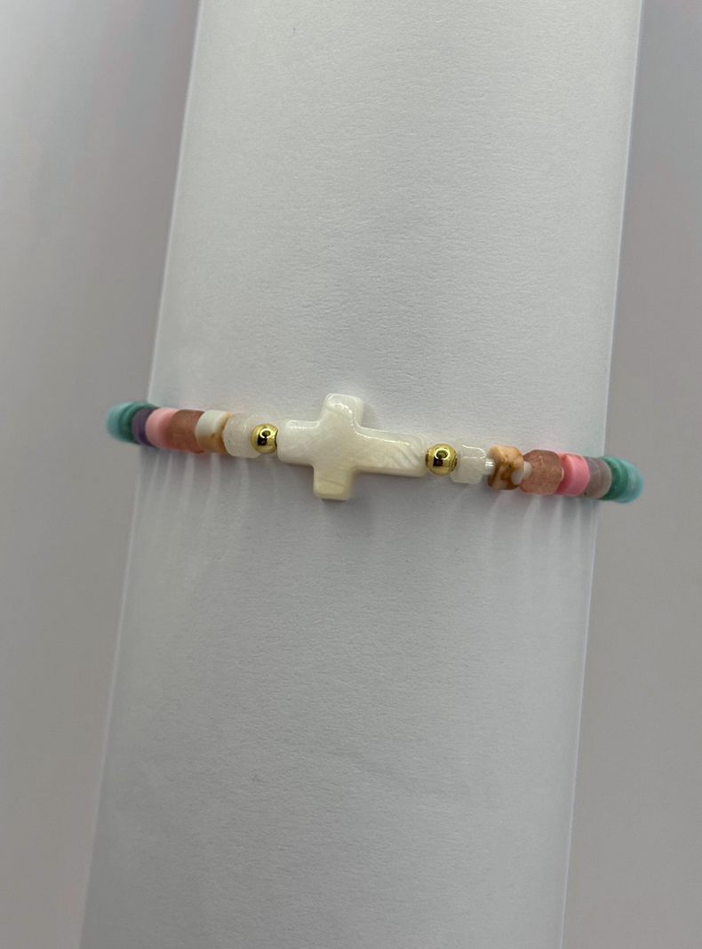 Pulsera De Mostacilla Colores, Cruz Conchaperla, Ajustable-1