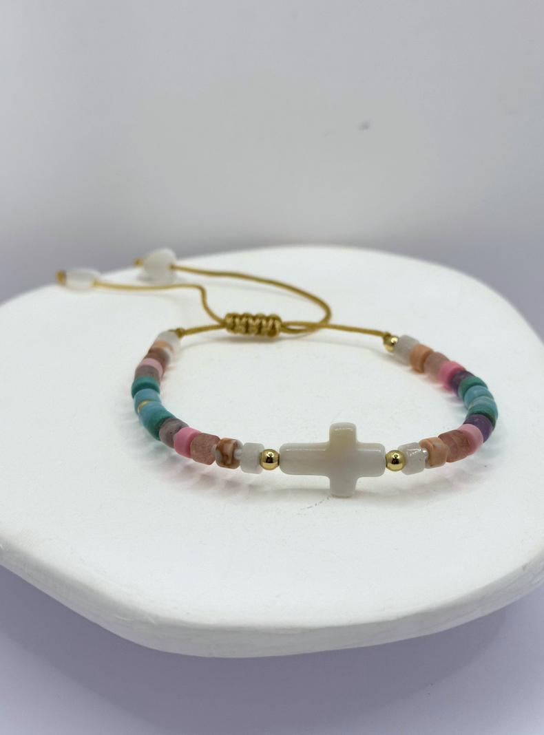 Pulsera De Mostacilla Colores, Cruz Conchaperla, Ajustable-2