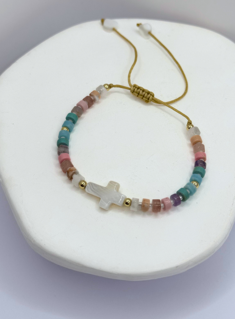 Pulsera De Mostacilla Colores, Cruz Conchaperla, Ajustable-3