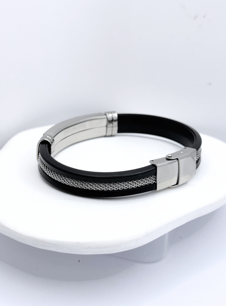 Pulsera Silicona Negra, Cinta Acero Inoxidable,  Hombre-3
