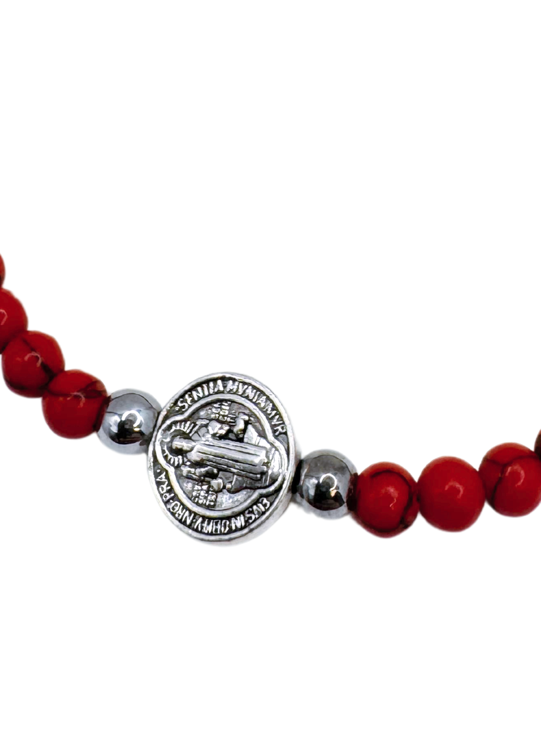 Pulsera Elástica Medalla De San Benito Y Piedras Naturales-2