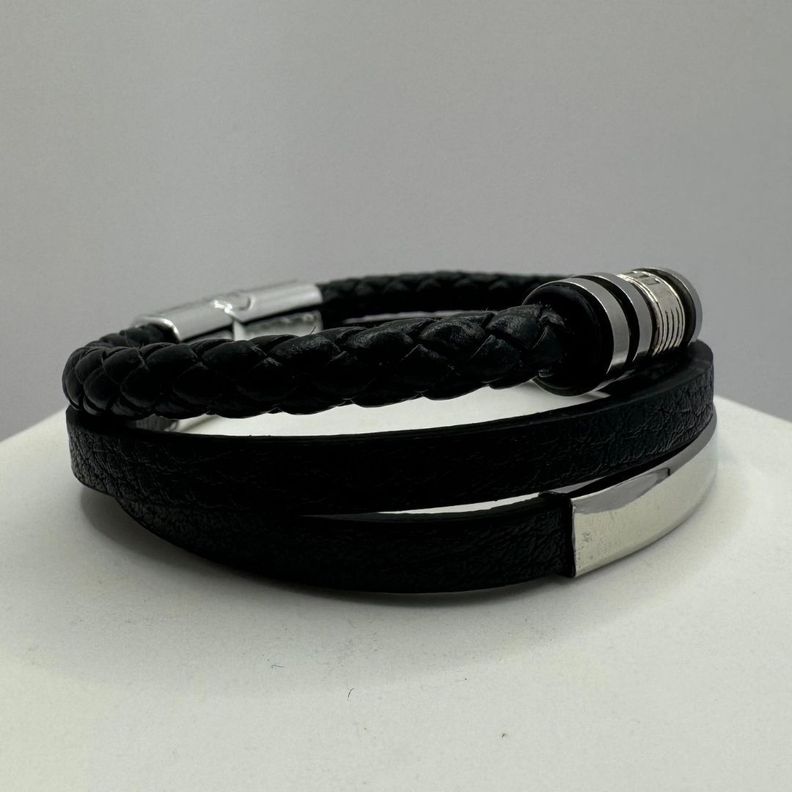 Pulsera Triple, Ecocuero Negro Y Acero Inoxidable, Hombre-0