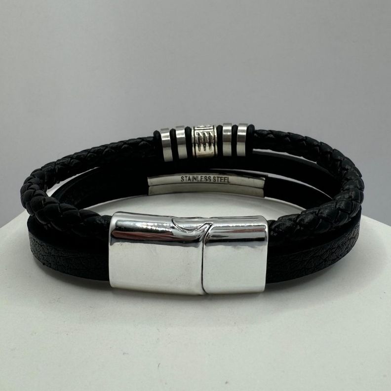 Pulsera Triple, Ecocuero Negro Y Acero Inoxidable, Hombre-2