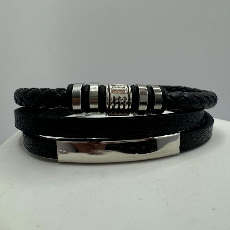 Pulsera Triple, Ecocuero Negro Y Acero Inoxidable, Hombre-3