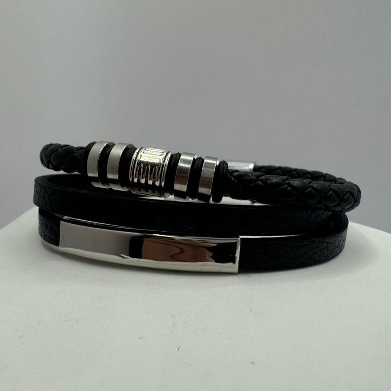 Pulsera Triple, Ecocuero Negro Y Acero Inoxidable, Hombre-4