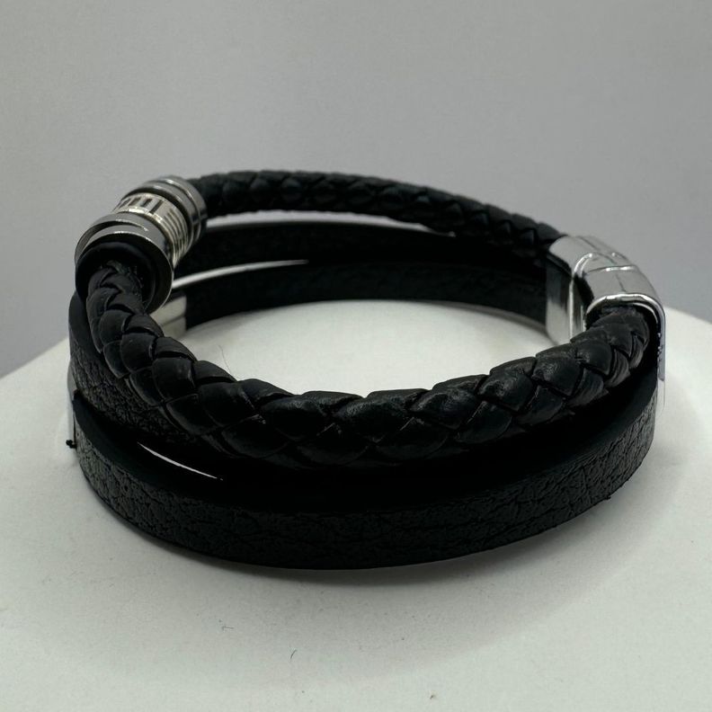 Pulsera Triple, Ecocuero Negro Y Acero Inoxidable, Hombre-5