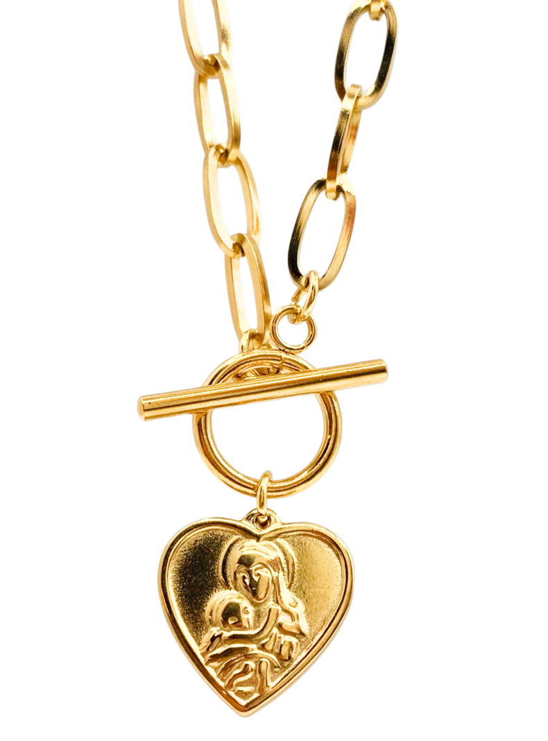 Collar Virgen María y Jesús en dije con forma de corazón en Acero Inoxidable-0