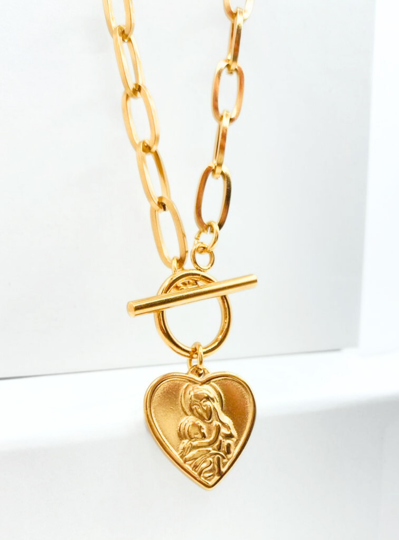 Collar Virgen María y Jesús en dije con forma de corazón en Acero Inoxidable-1