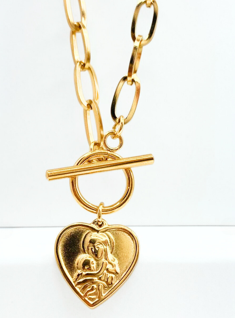 Collar Virgen María y Jesús en dije con forma de corazón en Acero Inoxidable-2