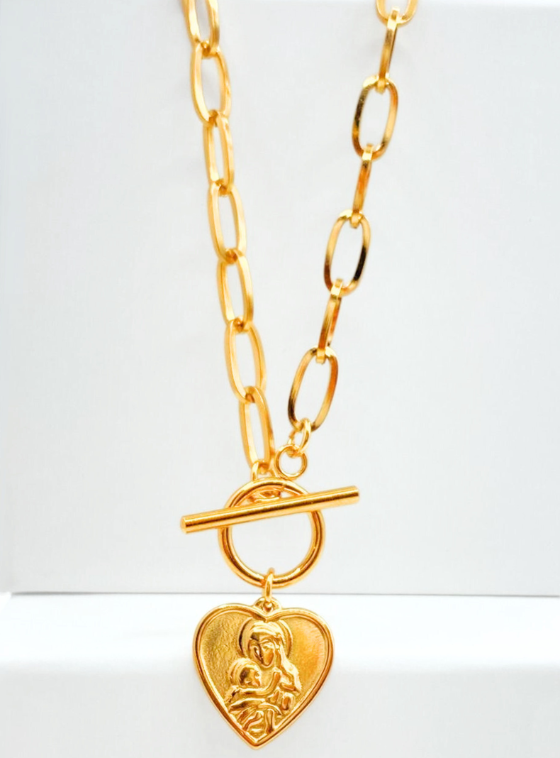 Collar Virgen María y Jesús en dije con forma de corazón en Acero Inoxidable-3