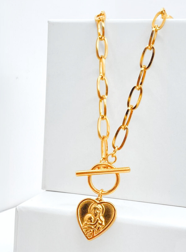 Collar Virgen María y Jesús en dije con forma de corazón en Acero Inoxidable-4