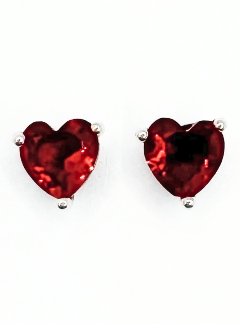 Aros Pegados Corazón Circonita Roja, Plata 925, Regalo Amor, San Valentín-3