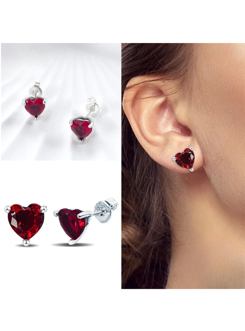 Aros Pegados Corazón Circonita Roja, Plata 925, Regalo Amor, San Valentín-5