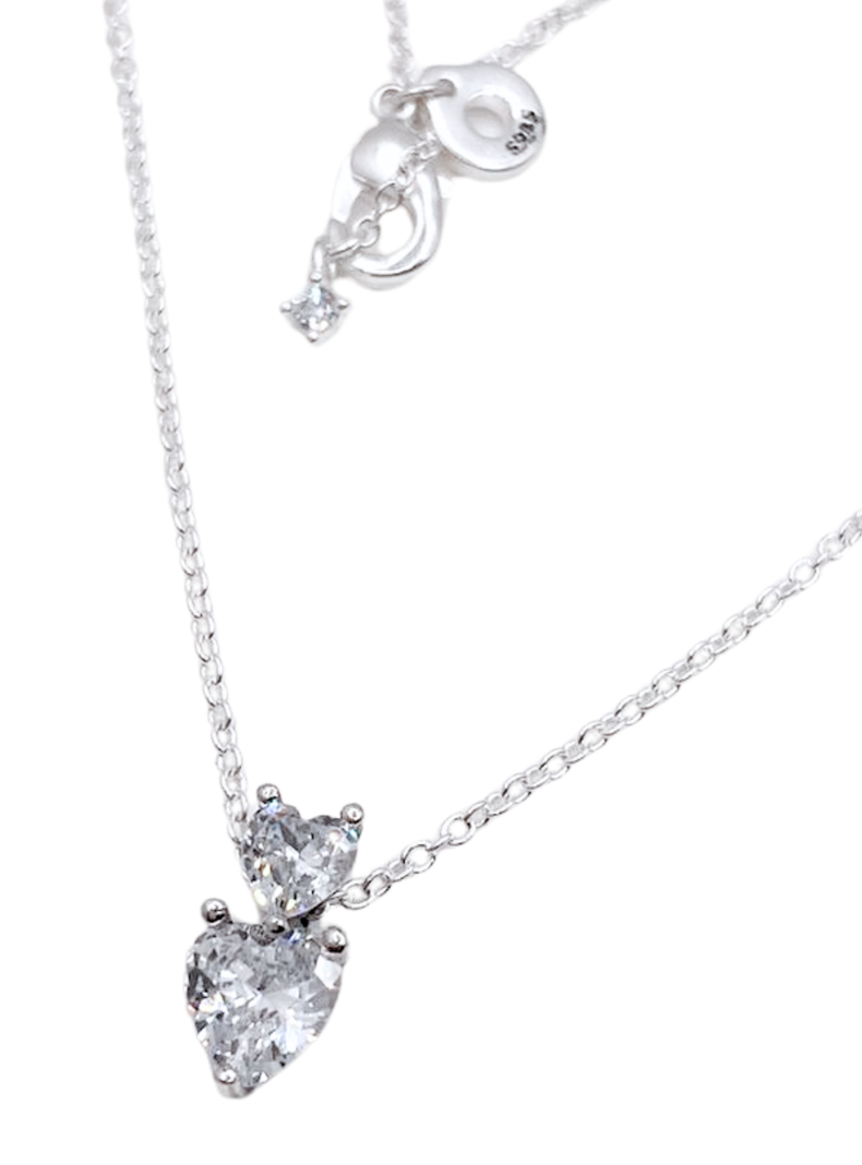 Collar Doble Corazón Circones Blancos, Plata 925-0