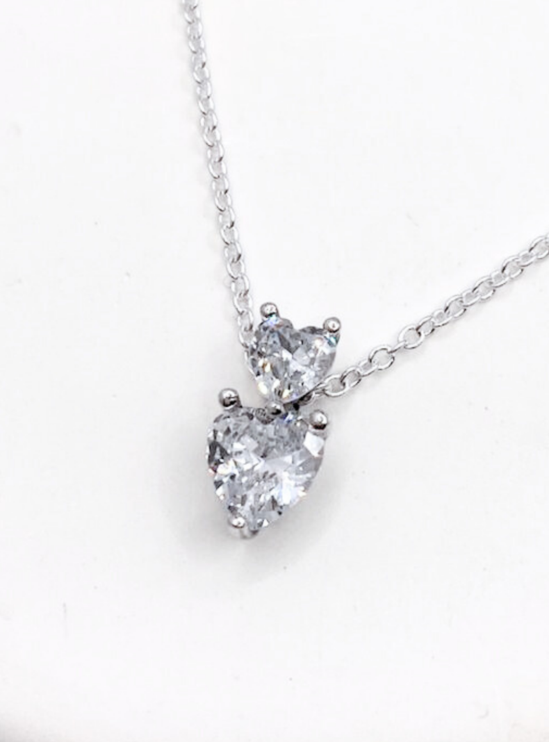 Collar Doble Corazón Circones Blancos, Plata 925-1