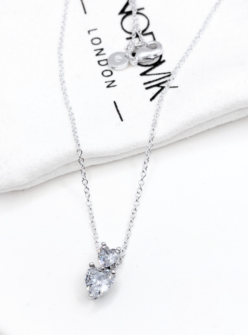 Collar Doble Corazón Circones Blancos, Plata 925-3