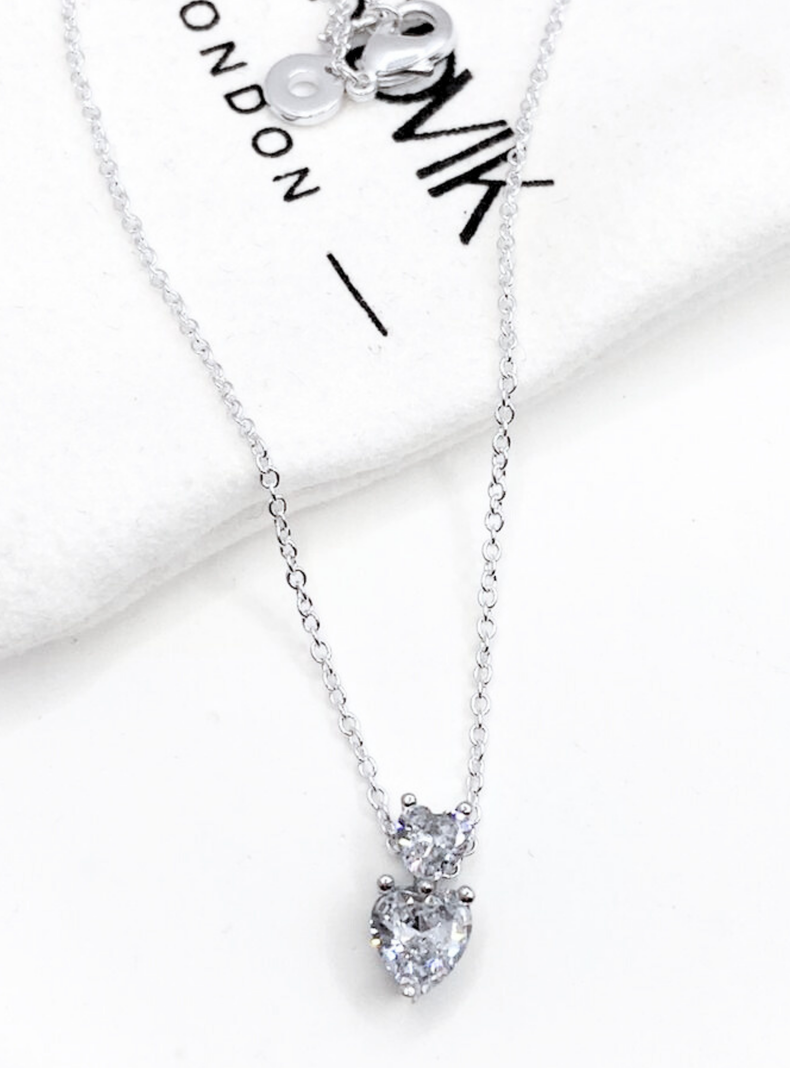 Collar Doble Corazón Circones Blancos, Plata 925-4