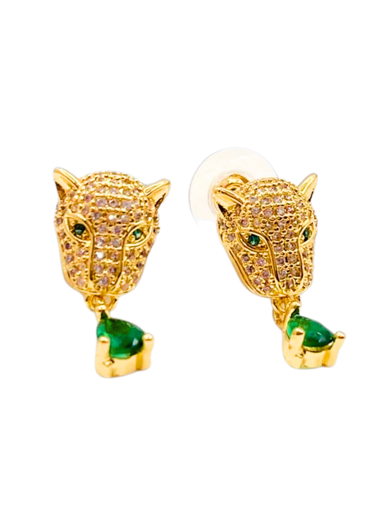 Aros Apegados  Cabeza Leopardo, Circonita forma de Gota Verde -0