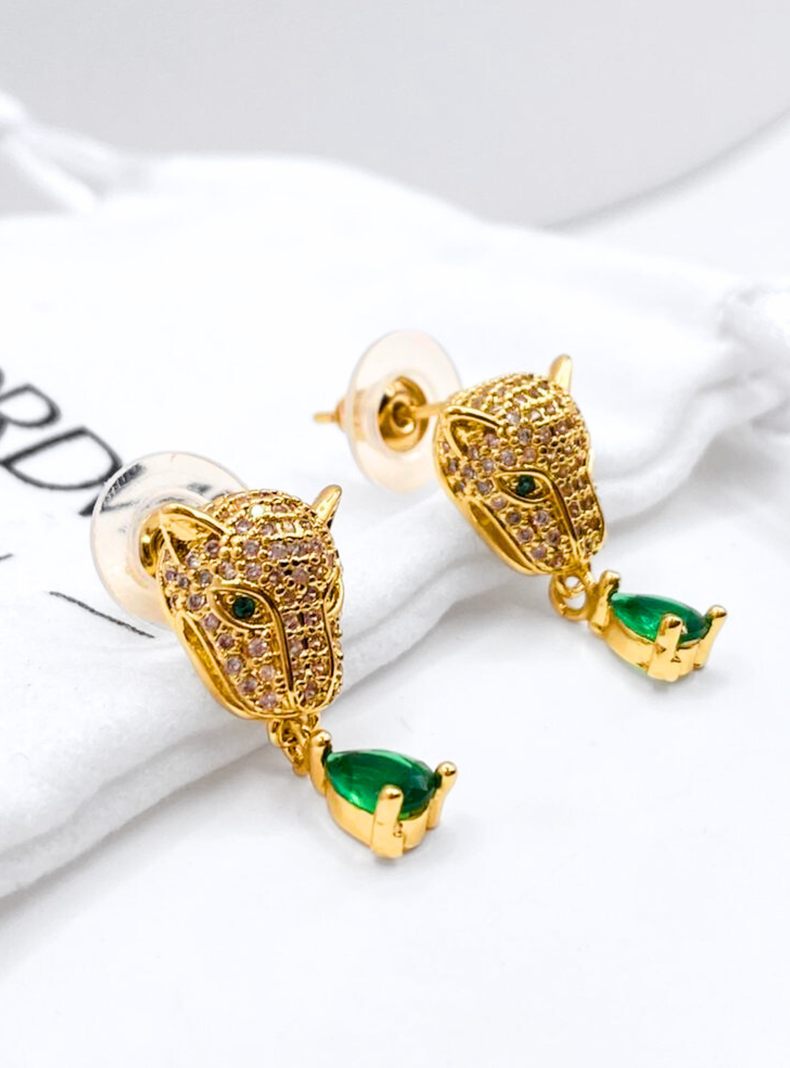 Aros Apegados  Cabeza Leopardo, Circonita forma de Gota Verde -2