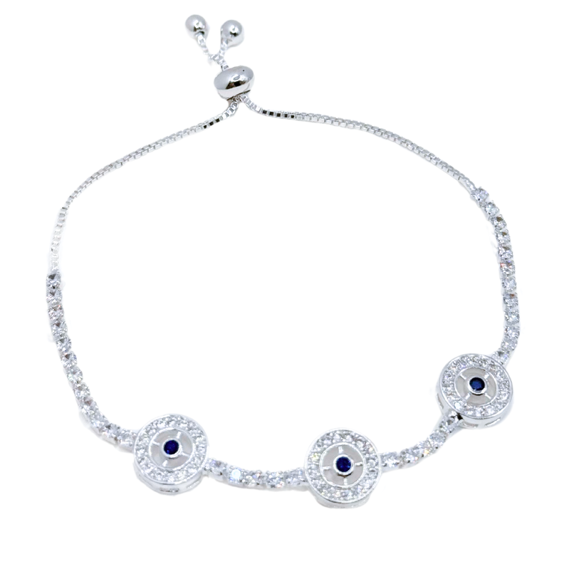Pulsera Triple Ojo Turco en Plata 925 con Detalle de Circón Blanco - Energía Protectora-0