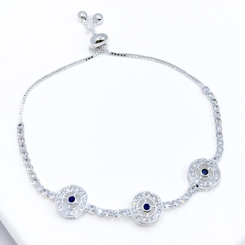Pulsera Triple Ojo Turco en Plata 925 con Detalle de Circón Blanco - Energía Protectora-2