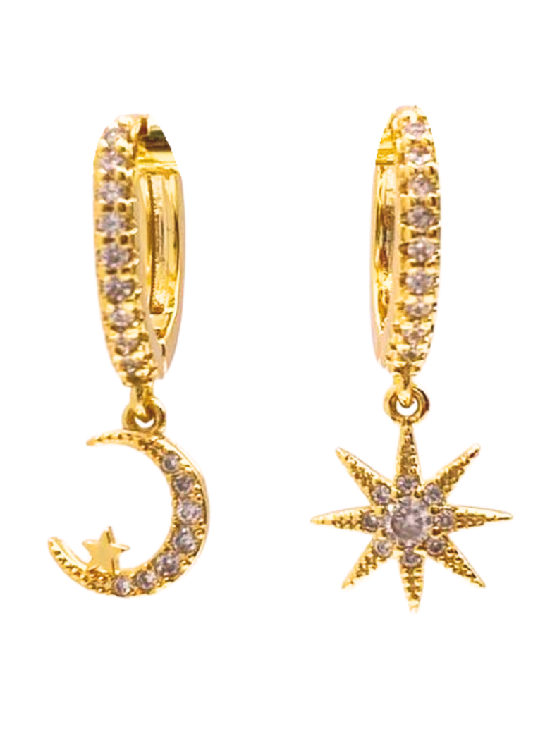 Aros Luna, Estrella Y Sol, Plata 925 enchapado En Oro-0