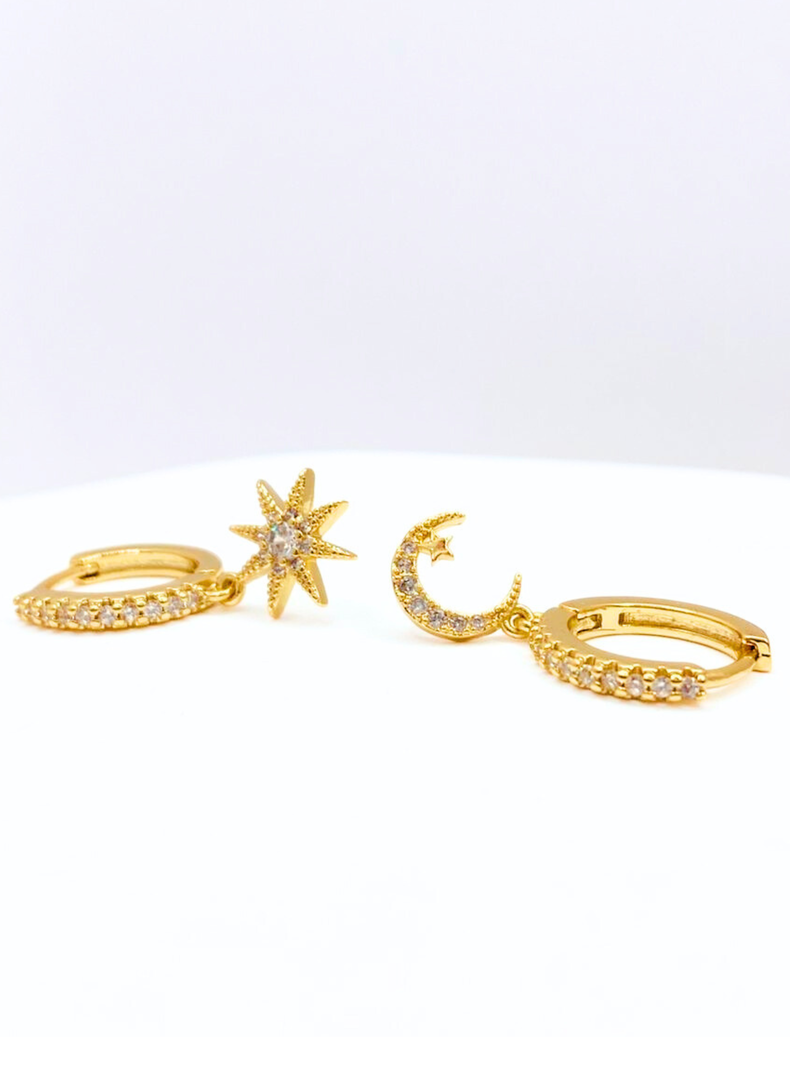Aros Luna, Estrella Y Sol, Plata 925 enchapado En Oro-1