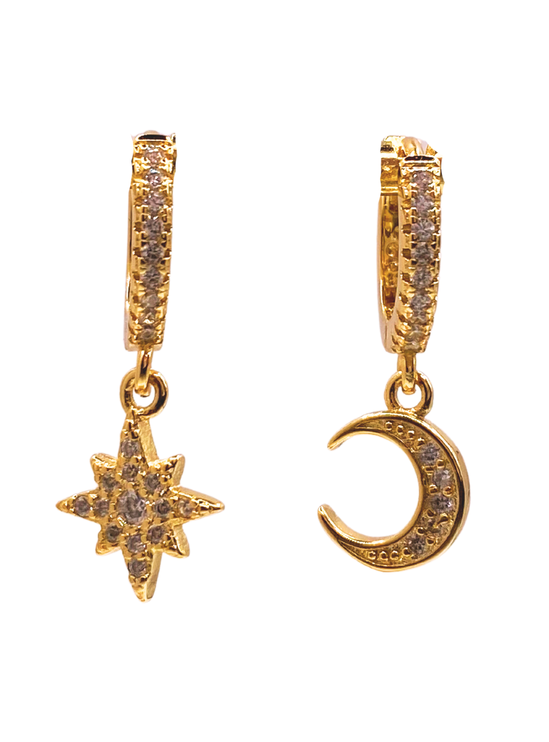 Aros Argollas Luna Y Estrella, Circonitas, Plata 925, Oro 18K-0