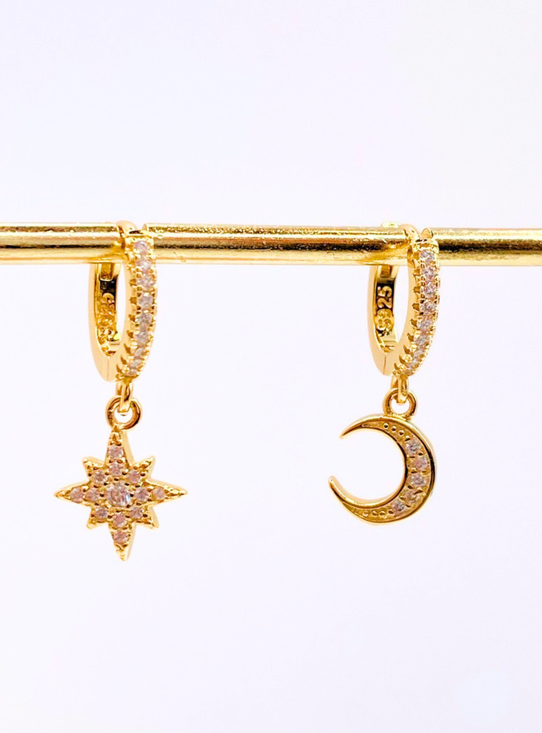 Aros Argollas Luna Y Estrella, Circonitas, Plata 925, Oro 18K-1