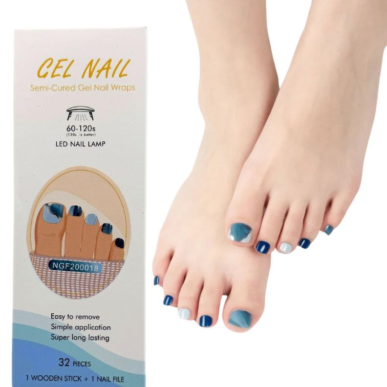 Uñas Gel Semi Curado Pedicure - Mármol Azul y Plateado