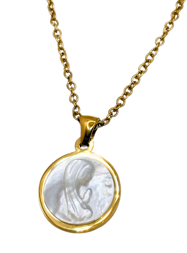 Collar Virgen María, Conchaperla Nácar, Acero Inoxidable, enchape Oro14K, Primera Comunión-0