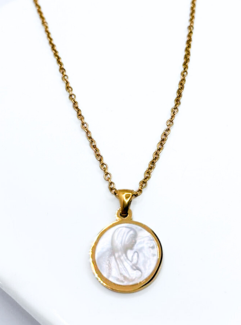 Collar Virgen María, Conchaperla Nácar, Acero Inoxidable, enchape Oro14K, Primera Comunión-2