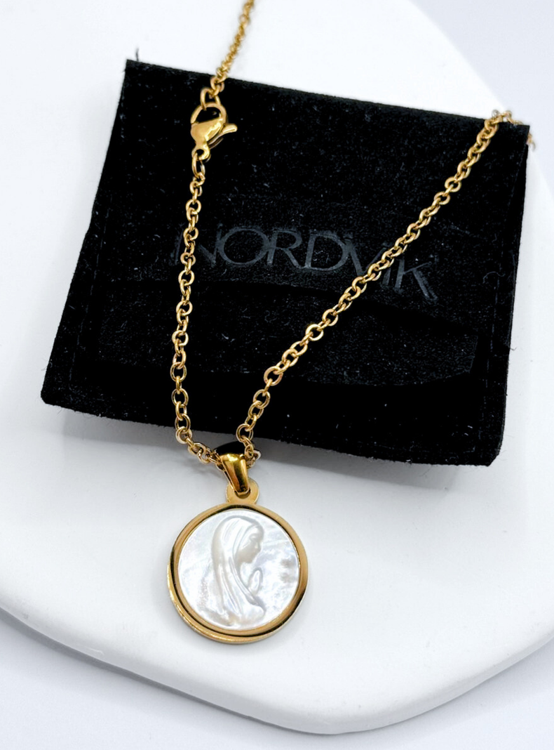 Collar Virgen María, Conchaperla Nácar, Acero Inoxidable, enchape Oro14K, Primera Comunión-3