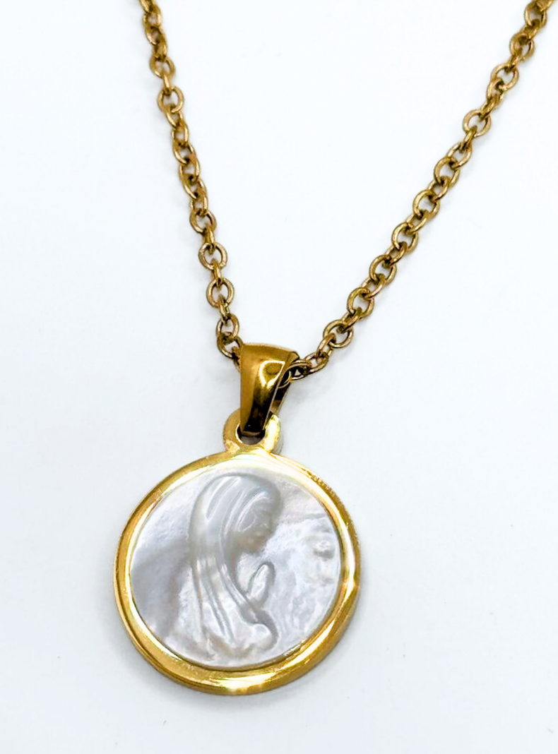 Collar Virgen María, Conchaperla Nácar, Acero Inoxidable, enchape Oro14K, Primera Comunión-4