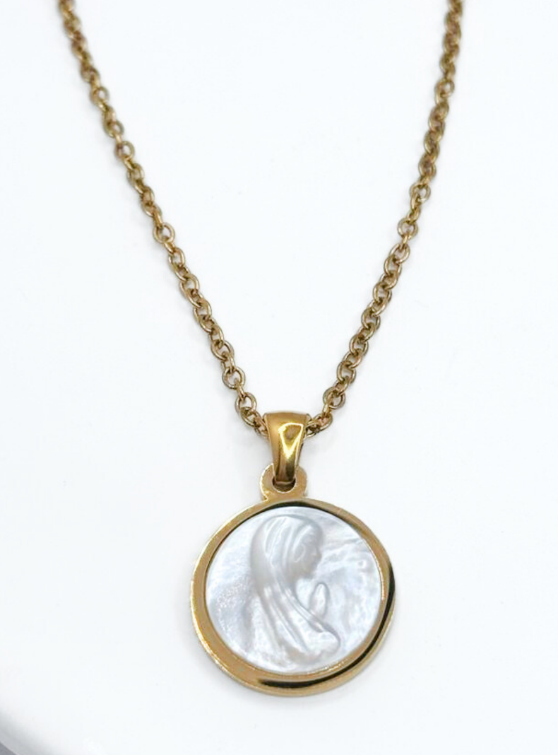 Collar Virgen María, Conchaperla Nácar, Acero Inoxidable, enchape Oro14K, Primera Comunión-5