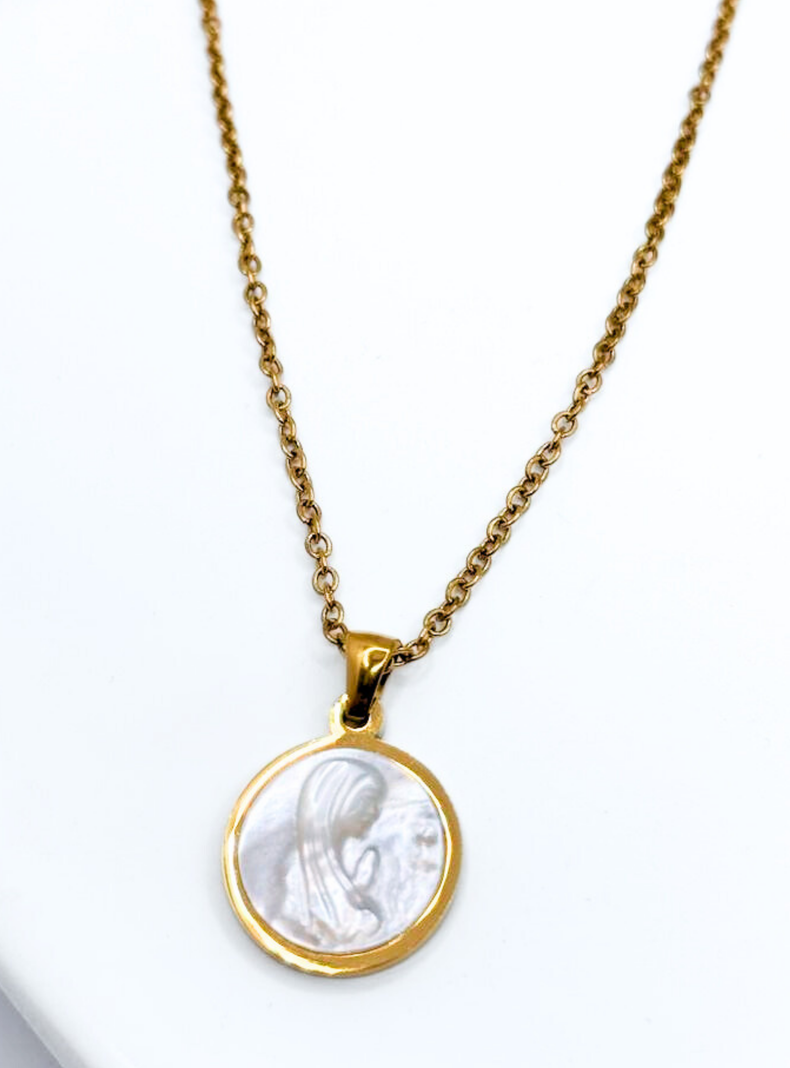 Collar Virgen María, Conchaperla Nácar, Acero Inoxidable, enchape Oro14K, Primera Comunión-6