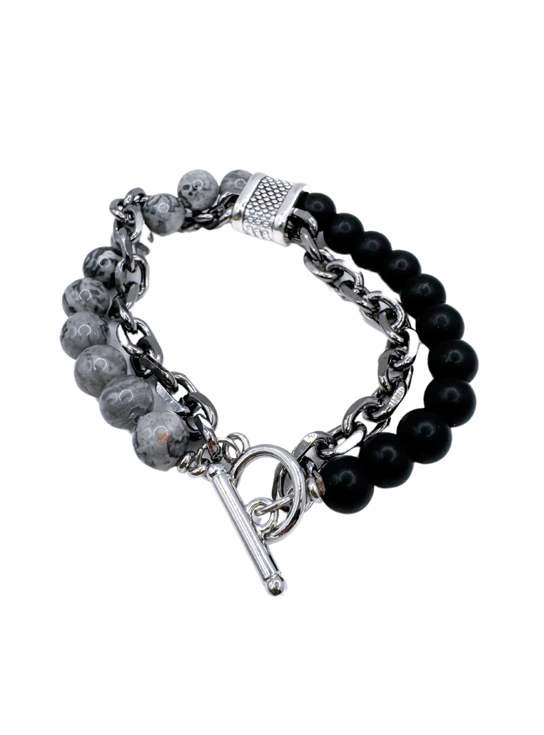 Pulsera Doble, Cadena Y Piedras, Cierre Ot, Regalo Hombre-0