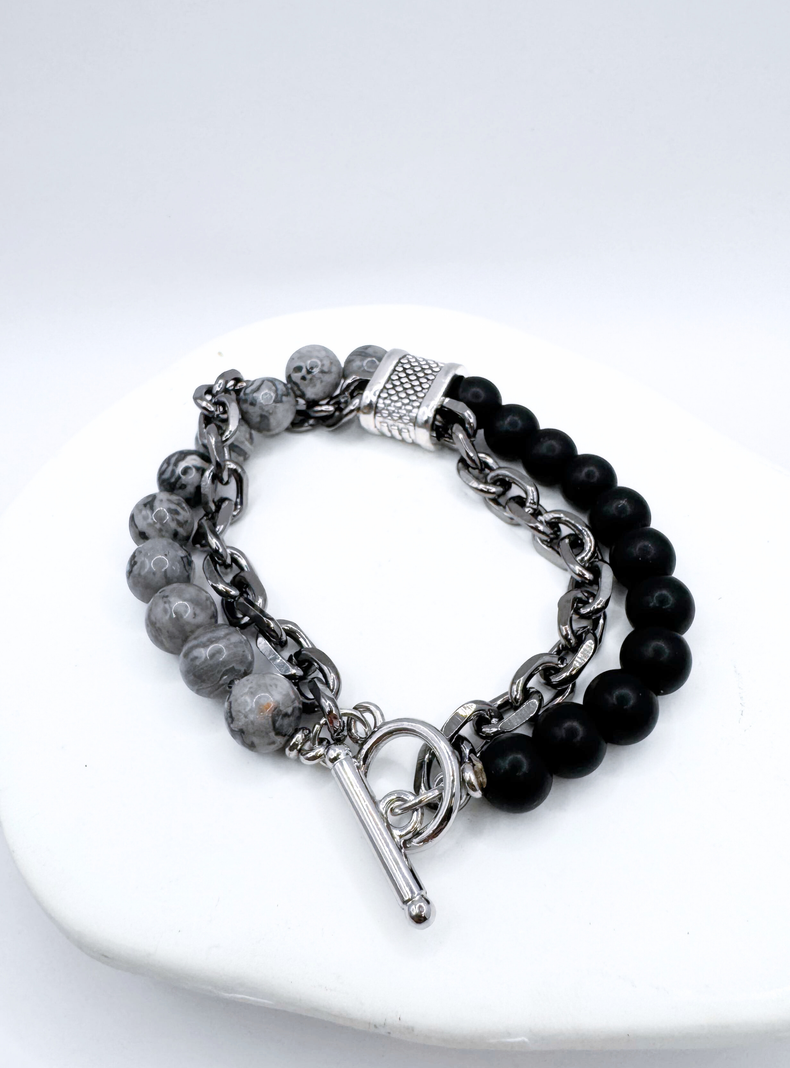 Pulsera Doble, Cadena Y Piedras, Cierre Ot, Regalo Hombre-3