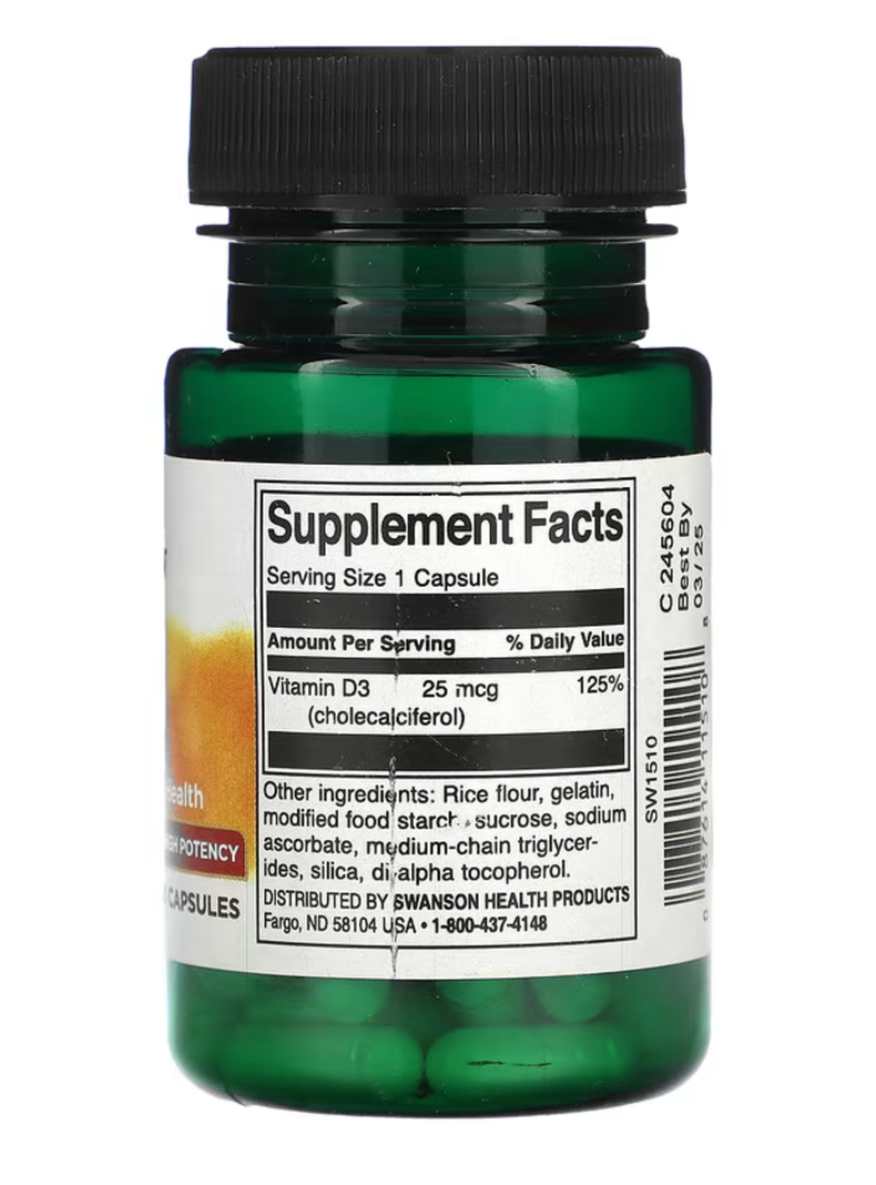 Vitamina D3, 25 mcg (1000 UI), 60 cápsulas, Salud ósea e inmunitaria-1